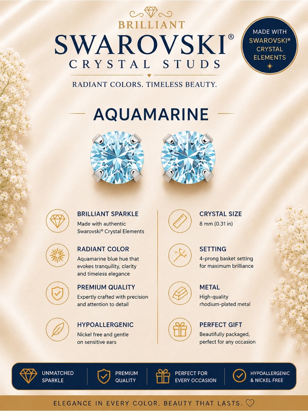 Brilliant Swarovski Aquamarine Crystal Stud Earrings